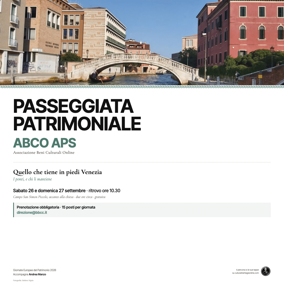 Cartello della Passeggiata Patrimoniale ABCO APS: sabato 26 e domenica 27 settembre, ritrovo ore 10.30 in Campo San Simon Piccolo